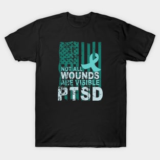 PTSD Awareness Not All Wounds Are Visible Teal Ribbon Flag T-Shirt